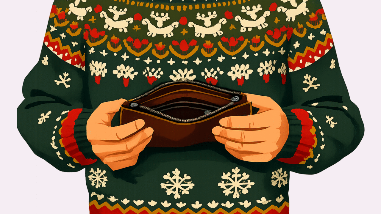 En person iført en festlig julesweater holder en åben, tom pung med begge hænder. Sweateren har julemønstre som rensdyr, snefnug og hjerter i røde, hvide og grønne farver.