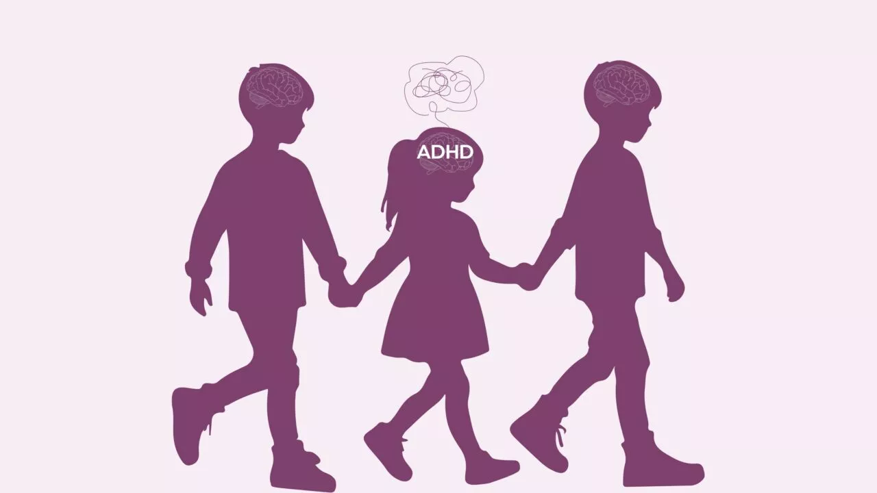 Tre børn, der holder hinanden i hånden, vist i silhuet. Det midterste barns hoved er mærket ADHD med en krusedulle over, mens de to andre har hjernekonturer i deres hoveder. Baggrunden er lyslilla.