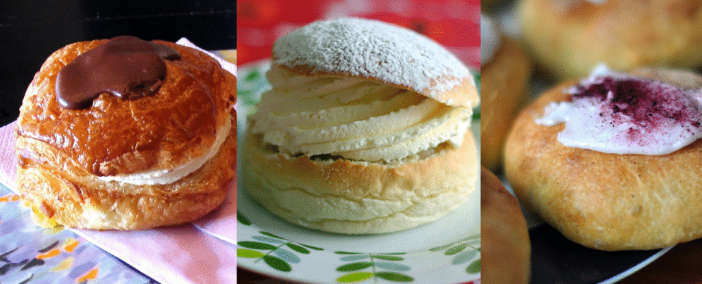 Tre forskellige flødefyldte kager: Den første har chokoladeglasur, den anden er pudret med flormelis, og den tredje har en klat hvid glasur og et drys lilla pulver.