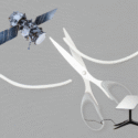 En saks klipper et kabel over, som forbinder en satellit i rummet med en lille parabol på jorden, hvilket symboliserer en afbrudt internetforbindelse via satellit.