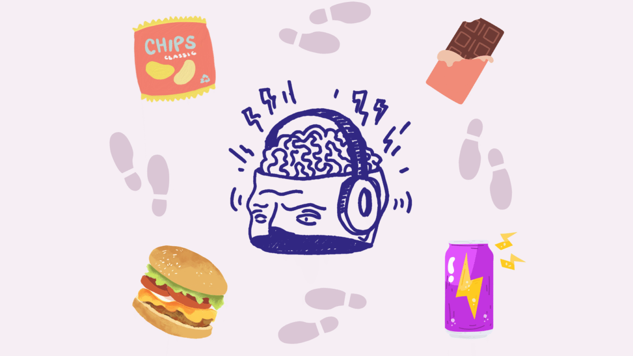 Illustration af en frustreret hjerne inde i et hoved, omgivet af chips, chokolade, sodavand og en burger, med fodspor, der fører hen til disse snacks.
