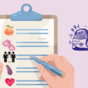 En hånd skriver på et clipboard med emoji-lignende ikoner af en fersken, hjerter, folk, der bliver gift, en aubergine og et hjerte. Ved siden af udklipsholderen er der en illustration af en frustreret hjerne iført hovedtelefoner.