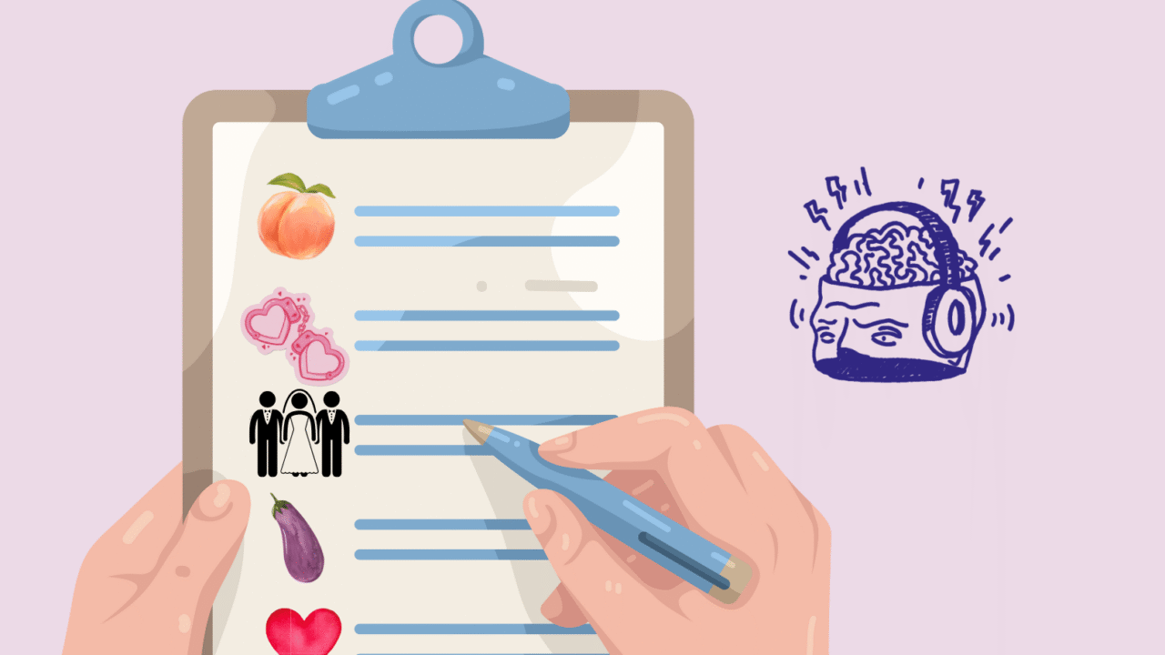 En hånd skriver på et clipboard med emoji-lignende ikoner af en fersken, hjerter, folk, der bliver gift, en aubergine og et hjerte. Ved siden af udklipsholderen er der en illustration af en frustreret hjerne iført hovedtelefoner.