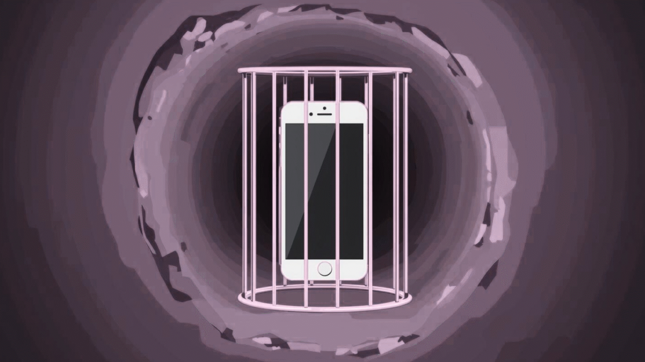 En illustration af en smartphone fanget i et lyserødt metalbur på en mørk, grov cirkulær baggrund, der symboliserer begrænsning eller indespærring af telefonbrug.