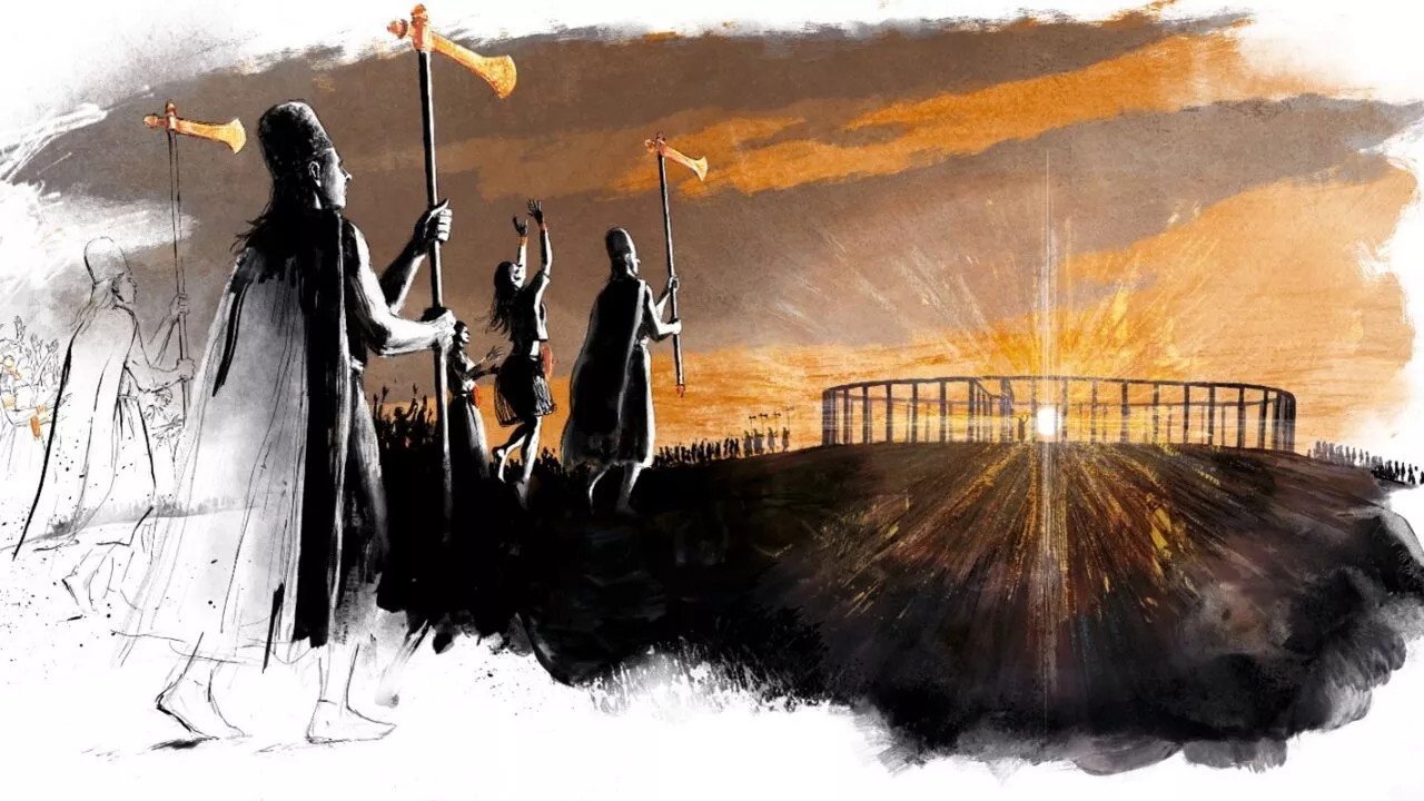 Folk i gamle klæder går mod Stonehenge ved solopgang med horn i hånden, mens en glødende sol skinner gennem monumentet, og en stor menneskemængde samles i baggrunden. Scenen blander skitseagtige og maleriske stilarter.