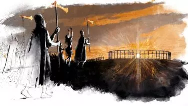 Folk i gamle klæder går mod Stonehenge ved solopgang med horn i hånden, mens en glødende sol skinner gennem monumentet, og en stor menneskemængde samles i baggrunden. Scenen blander skitseagtige og maleriske stilarter.