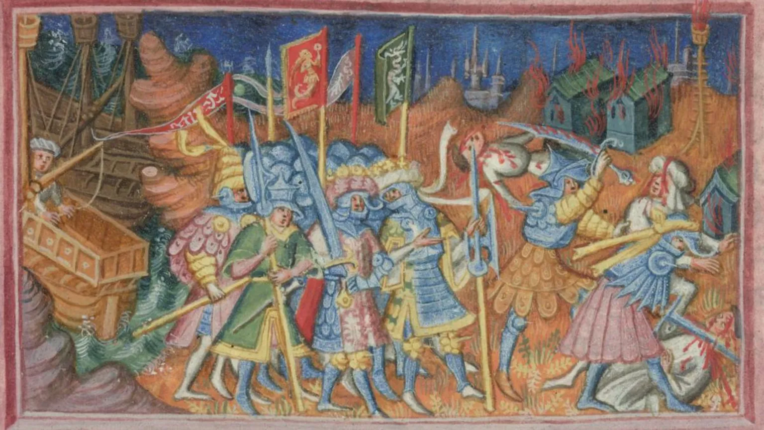Middelalderillustration af pansrede soldater i kamp med flag og sværd, med brændende bygninger og et skib i baggrunden i et kuperet, brændende landskab.
