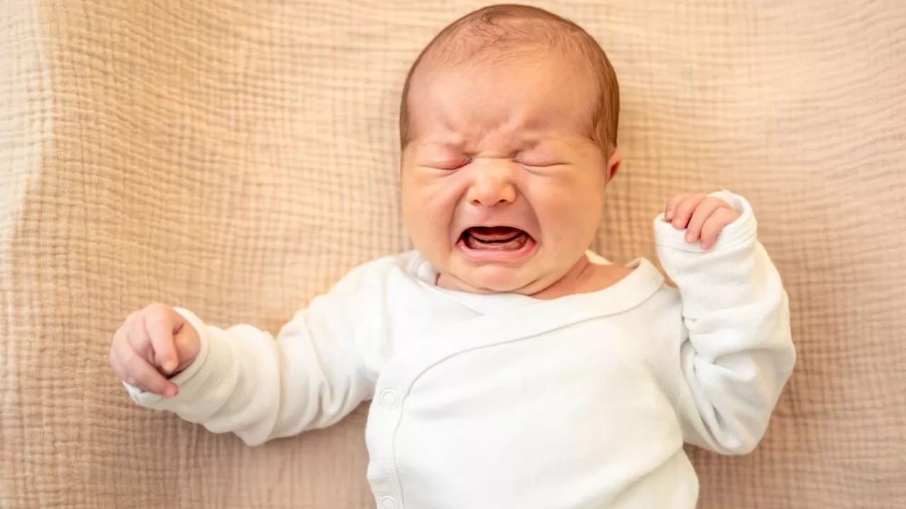 En nyfødt baby iført en hvid sparkedragt ligger på et blødt, beige tæppe og græder med lukkede øjne, åben mund og knyttede næver.