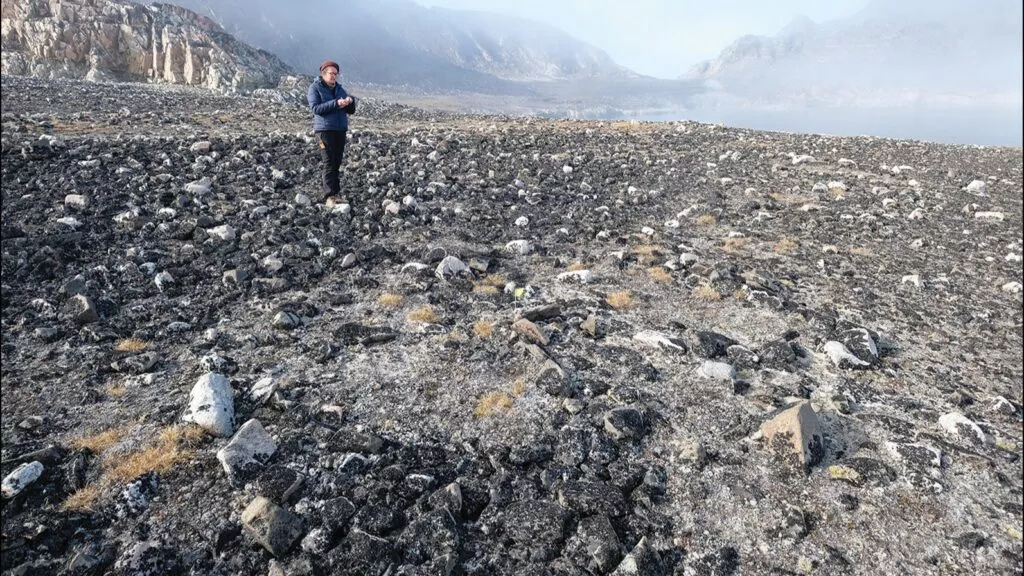 En person i blå jakke står alene i et stenet, goldt landskab med spredte sten og fjerne bjerge under en diset himmel i nærheden af et vandløb.