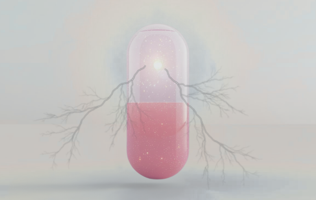 En glødende pink og hvid pille med et funklende indre udsender forgrenet, lynlignende energi fra sit centrum mod en blød, lys baggrund.