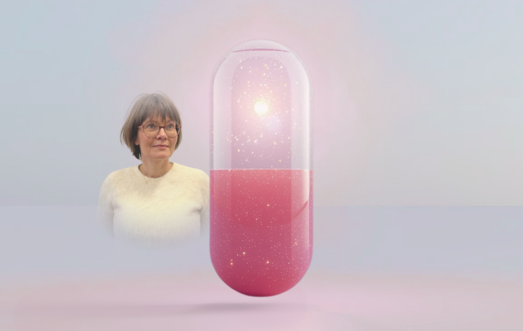 Et digitalt skabt billede, der viser en kvinde med kort hår og briller ved siden af en stor, glødende pink kapsel fyldt med glimmer på en blød, pastelfarvet baggrund.