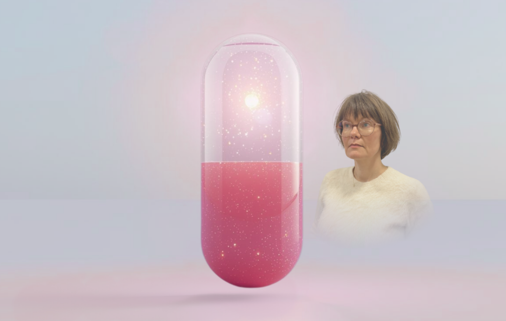 En stor, lysende pink kapsel svæver i en pastelfarvet baggrund. Til højre ser en kvinde med kort brunt hår og briller iført en hvid sweater på pillen med et neutralt udtryk.
