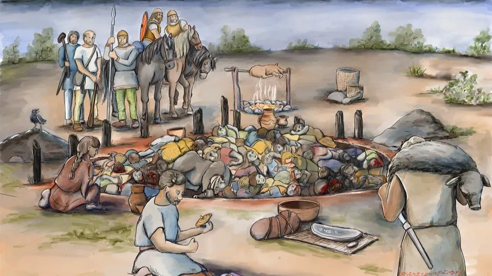 En gruppe oldtidsfolk, nogle til fods og en til hest, betragter et stort hul fyldt med lig og artefakter. I forgrunden undersøger to personer genstande og mad, mens en steg tilberedes over et bål.