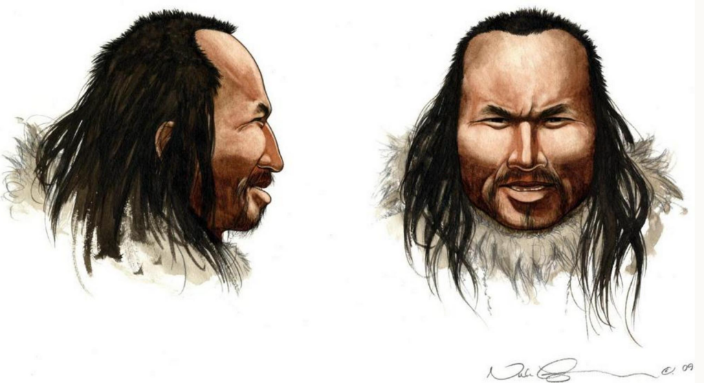 Illustration af en mand med langt mørkt hår, skæg og iført pelskrave. Manden er vist fra siden (venstre) og forfra (højre) mod en hvid baggrund.