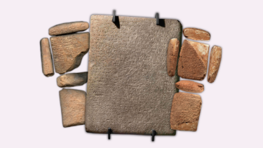 En samling af gamle lertavler, nogle fragmenterede, omgiver en stor central tavle, alle indskrevet med kileskrift på en lys baggrund.