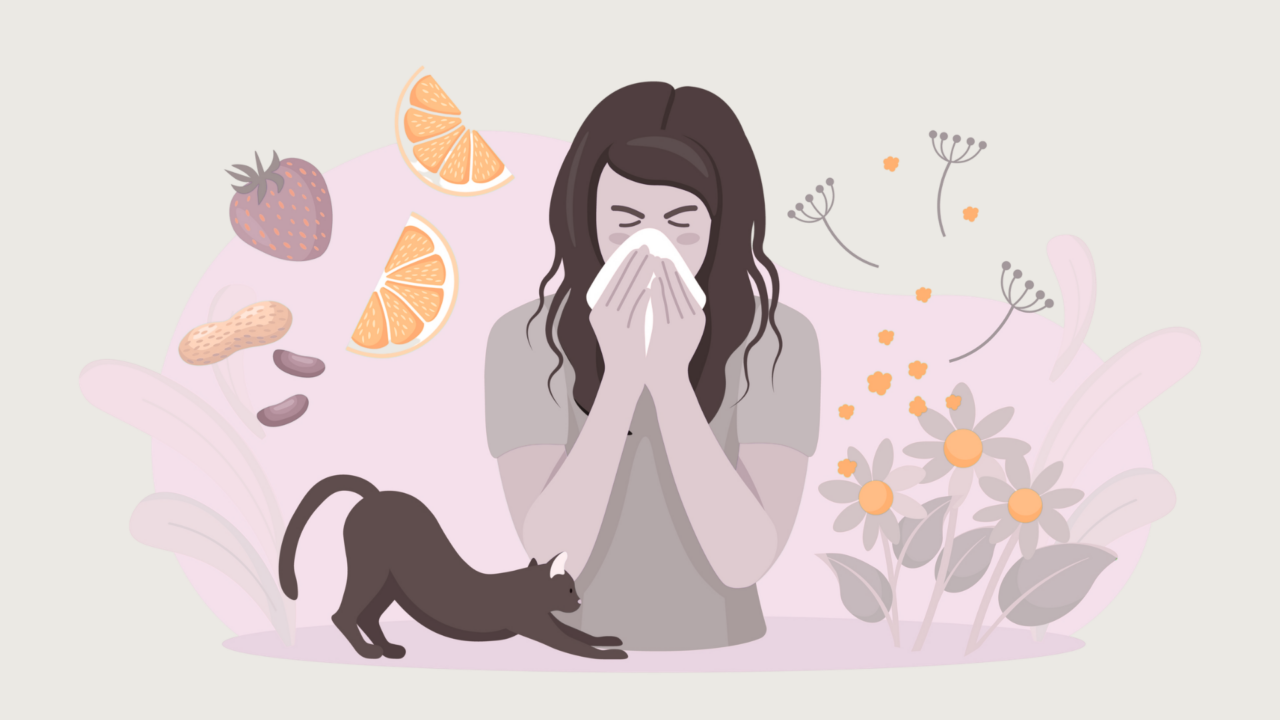 Illustration af en person, der nyser i en serviet, omgivet af almindelige allergener som en kat, jordnødder, jordbær, citrusskiver, blomster og pollen, der svæver i luften.