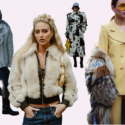 Fire stilfulde kvinder bærer moderigtigt overtøj, herunder faux fur-frakker, overdimensionerede jakker og trendy tilbehør som solbriller, hatte og håndtasker på en lyserød baggrund.