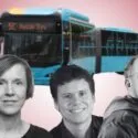 En blå bybus med skiltet 5C Husum Torv dukker op bag tre personer - to mænd og en kvinde - på en lyserød baggrund.