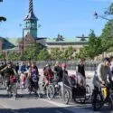 En stor gruppe mennesker cykler langs en bygade på en solrig dag med en historisk bygning med et højt, snoet spir i baggrunden og træer langs vejen.