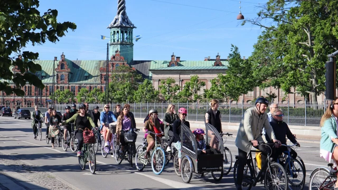 En stor gruppe mennesker cykler langs en bygade på en solrig dag med en historisk bygning med et højt, snoet spir i baggrunden og træer langs vejen.