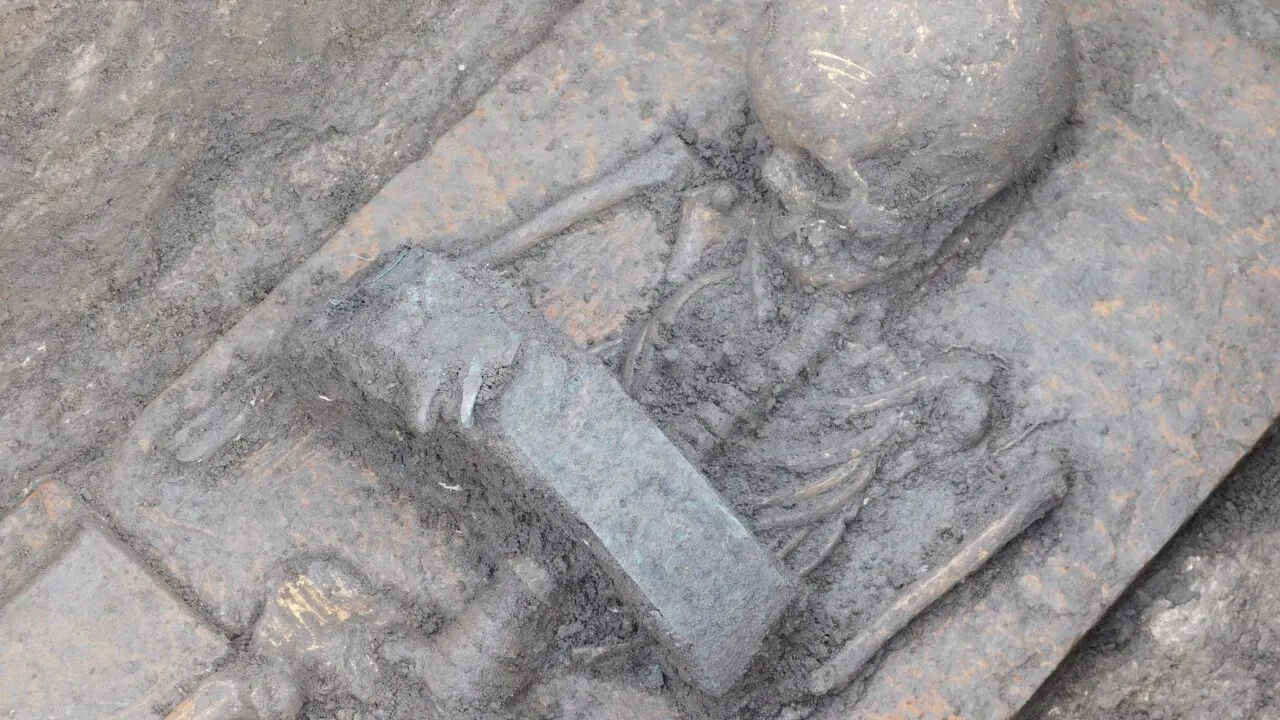 Et delvist udgravet menneskeskelet i en arkæologisk udgravning med en stor metalklinge placeret på tværs af halsen og armene, indlejret i jorden.