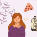 En forvirret kvinde står omgivet af matematiske symboler, et stykke pizza og en præst, der døber en baby, hvilket antyder forvirring eller ubeslutsomhed om forskellige emner eller valg.