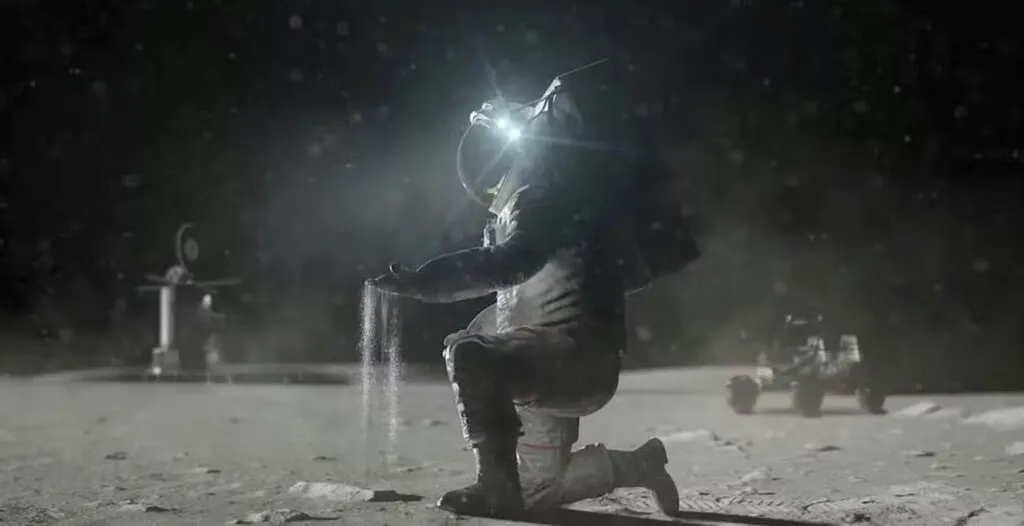 En astronaut i rumdragt knæler på månens overflade og lader månejord falde fra sin behandskede hånd. I baggrunden ses en månelander og en rover under en stjerneklar himmel.