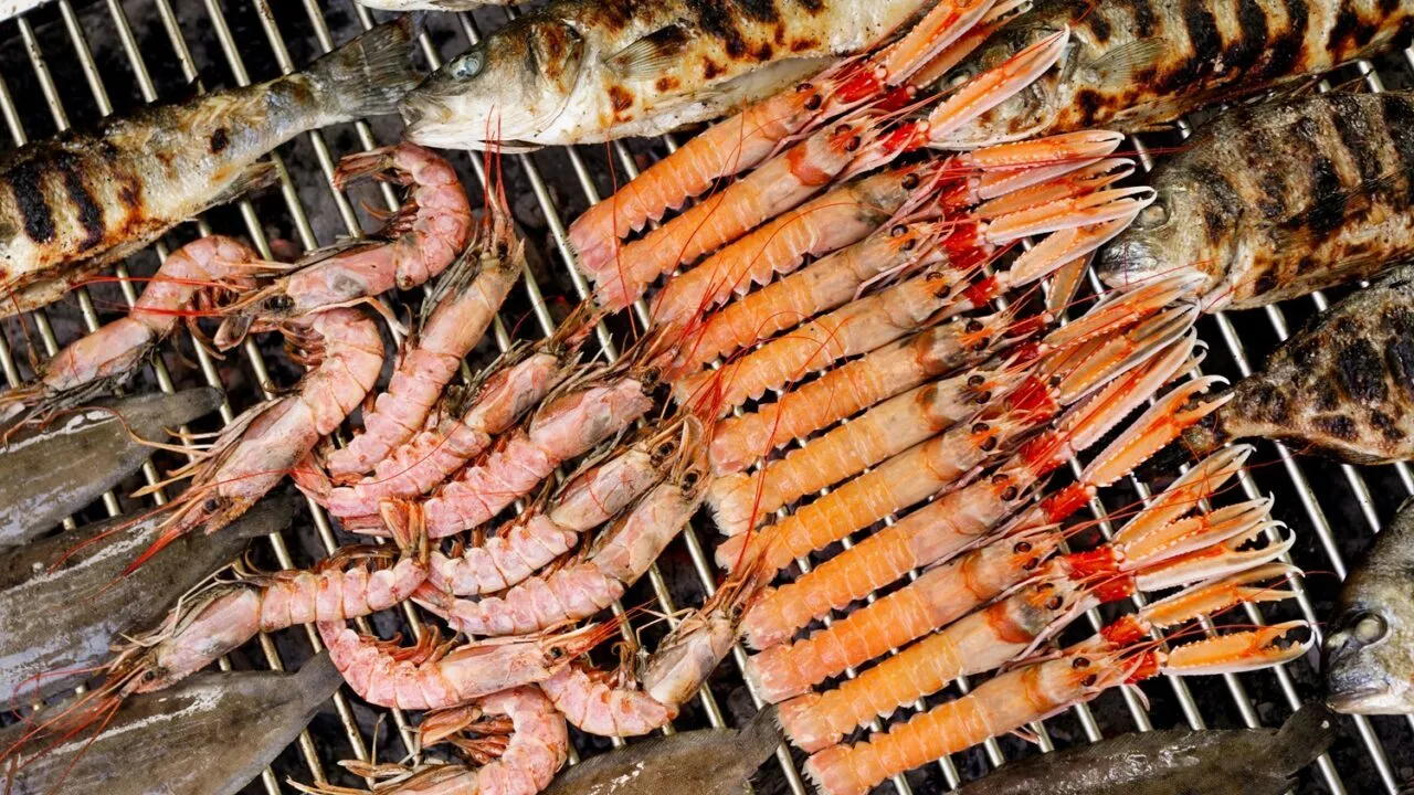 Nærbillede af forskellige fisk og skaldyr, bl.a. hele fisk, rejer og jomfruhummere, der bliver grillet på en metalrist. Skaldyrene er arrangeret i rækker med synlige grillmærker på fiskene.