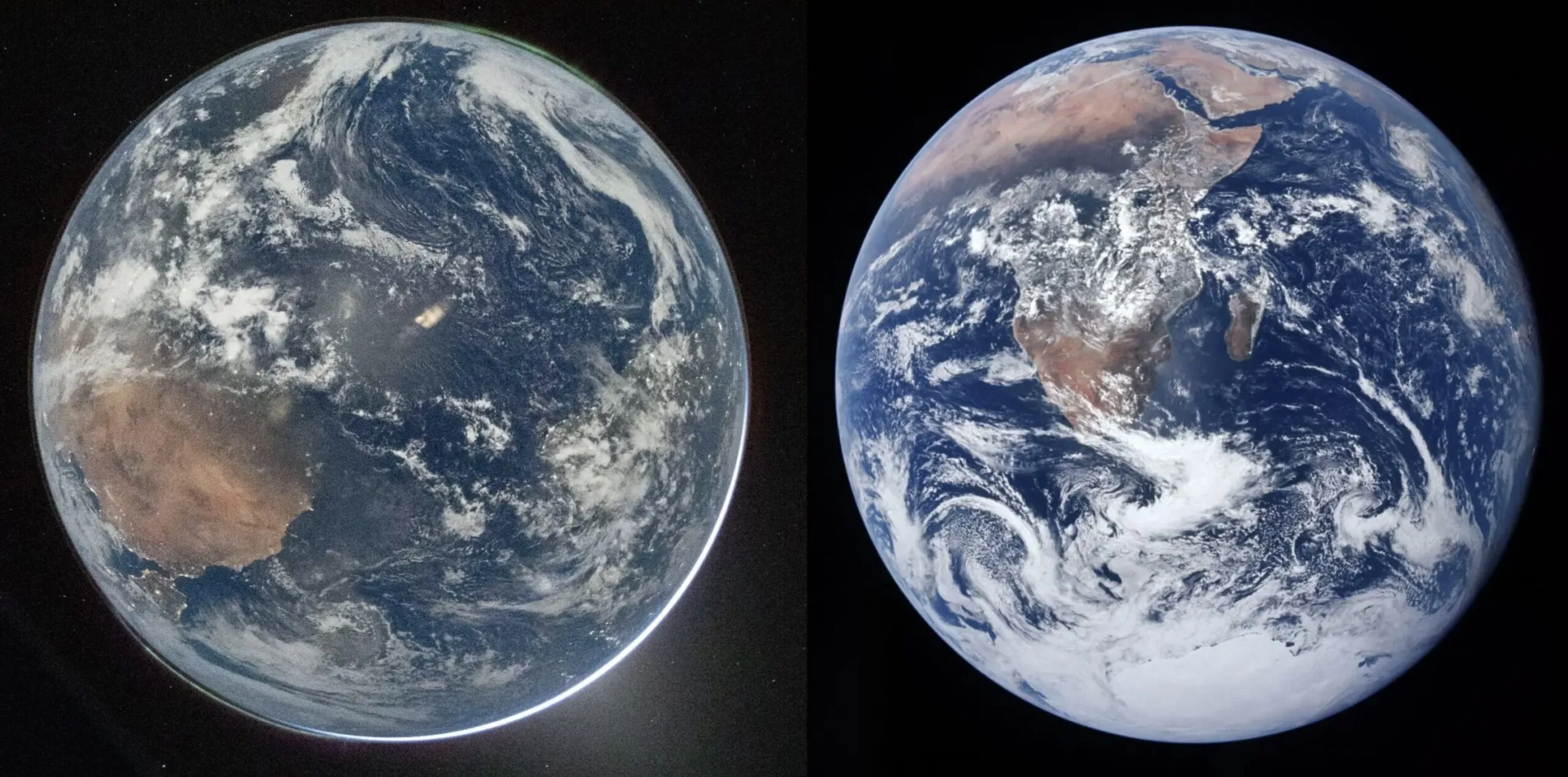 Billeder af Jorden side om side fra rummet: Til venstre ser man Australien og Det Indiske Ocean, mens man til højre ser Afrika, Europa og de omkringliggende oceaner, begge med hvirvlende skyer over land og vand.