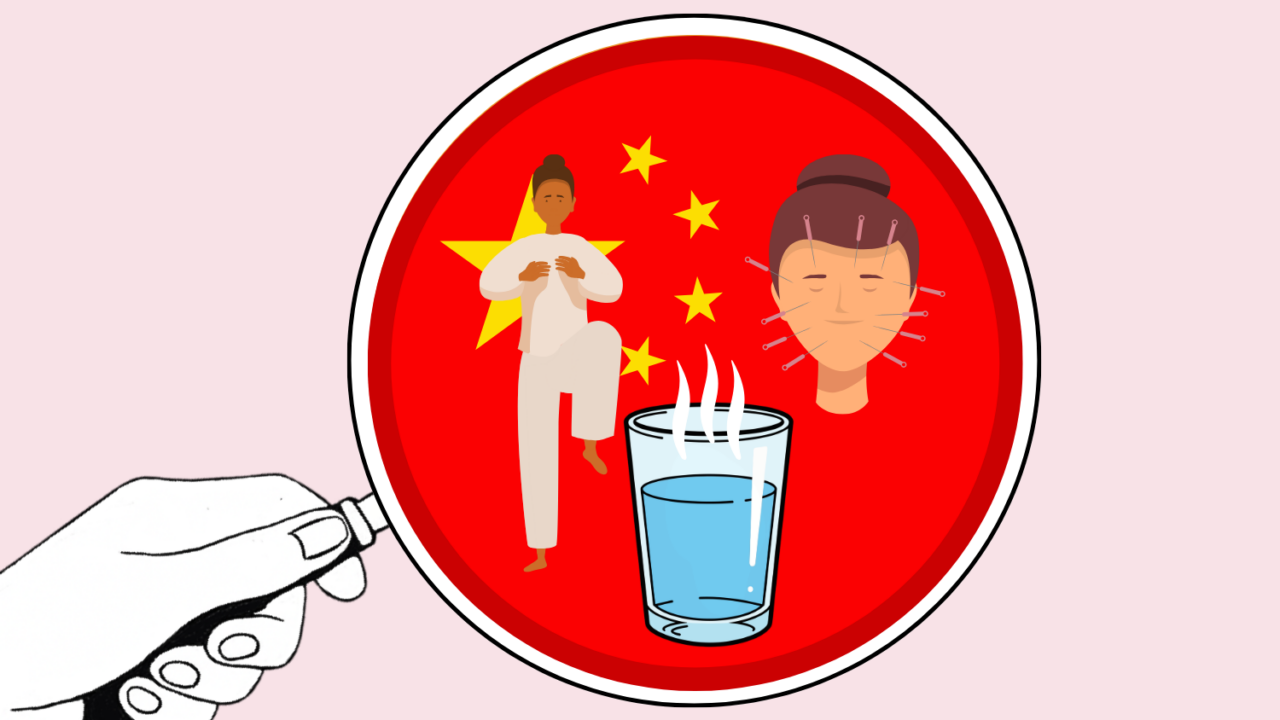 Et forstørrelsesglas viser ikoner af tai chi, akupunktur og et glas dampende vand foran et kinesisk flag, der repræsenterer traditionel kinesisk sundhedspraksis.