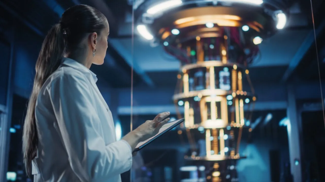 En forsker i laboratoriekittel holder en tablet og betragter en stor, oplyst, cylindrisk kvantecomputer i et futuristisk laboratoriemiljø.