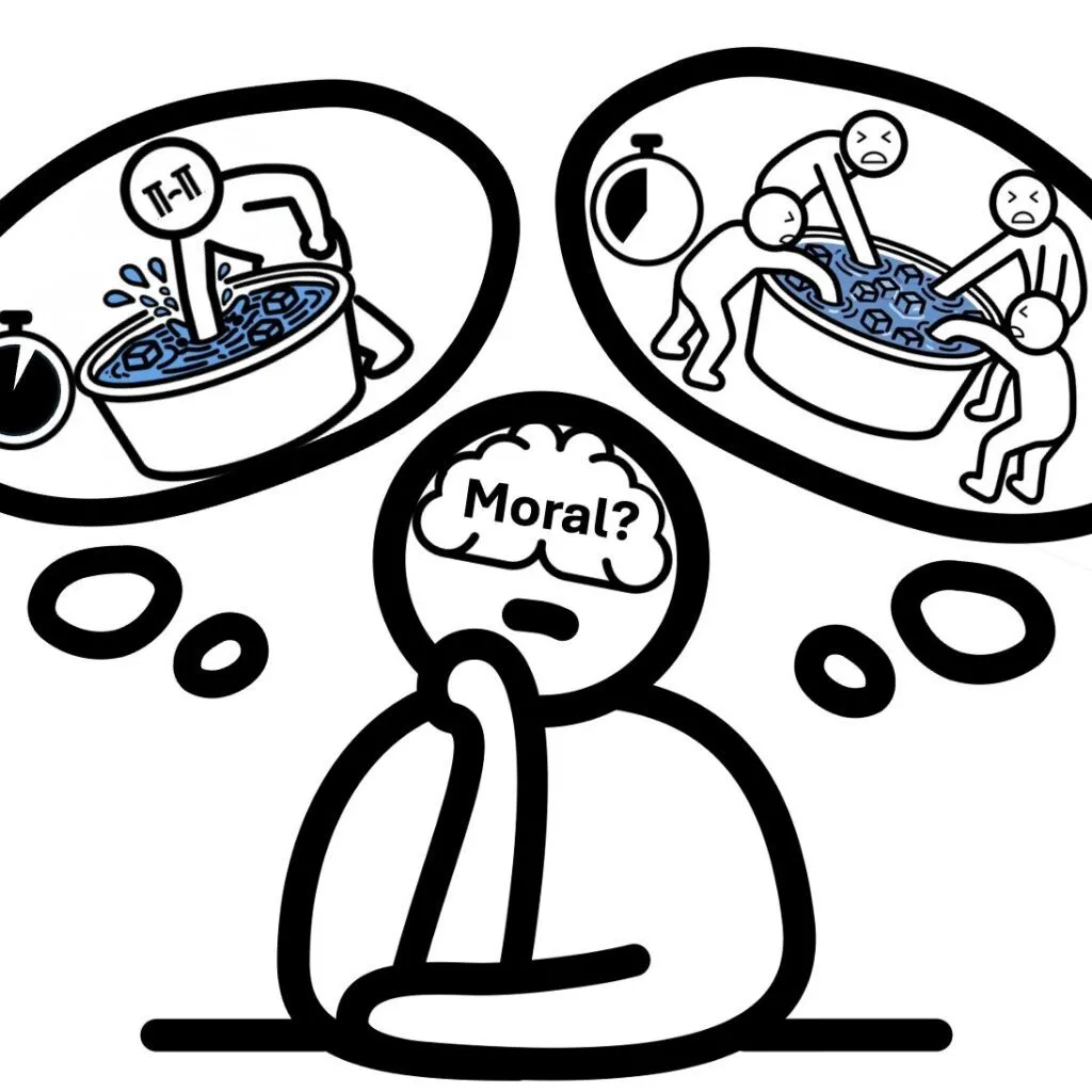 En person betragter to tankebobler: Den ene viser en enkelt figur, der fylder en balje med vand, og den anden viser tre personer, der fylder den samme balje sammen. Ordet Moral? er skrevet på personens hjerne.