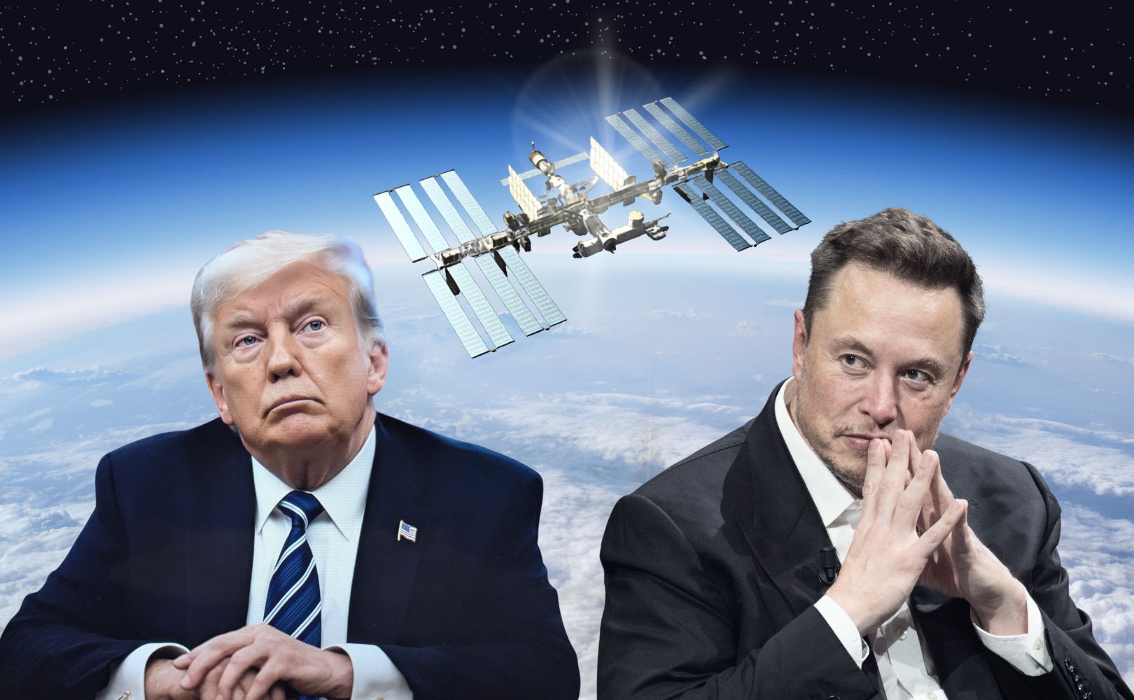 Donald Trump og Elon Musk ses foran Jorden fra rummet, hvor den internationale rumstation svæver over dem mod en stjerneklar baggrund.