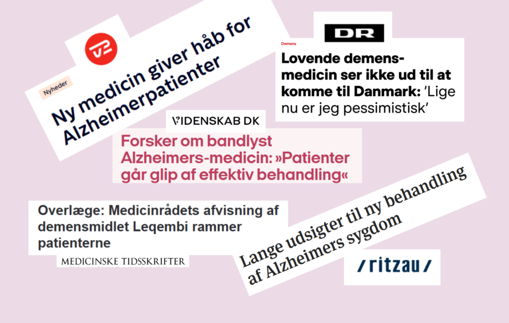 En collage af danske nyhedsoverskrifter om behandling af Alzheimers sygdom, der nævner nye lægemidler, deres tilgængelighed og patienters udfordringer med at få adgang til effektive behandlinger. Overskrifterne bruger forskellige skrifttyper og baggrunde.