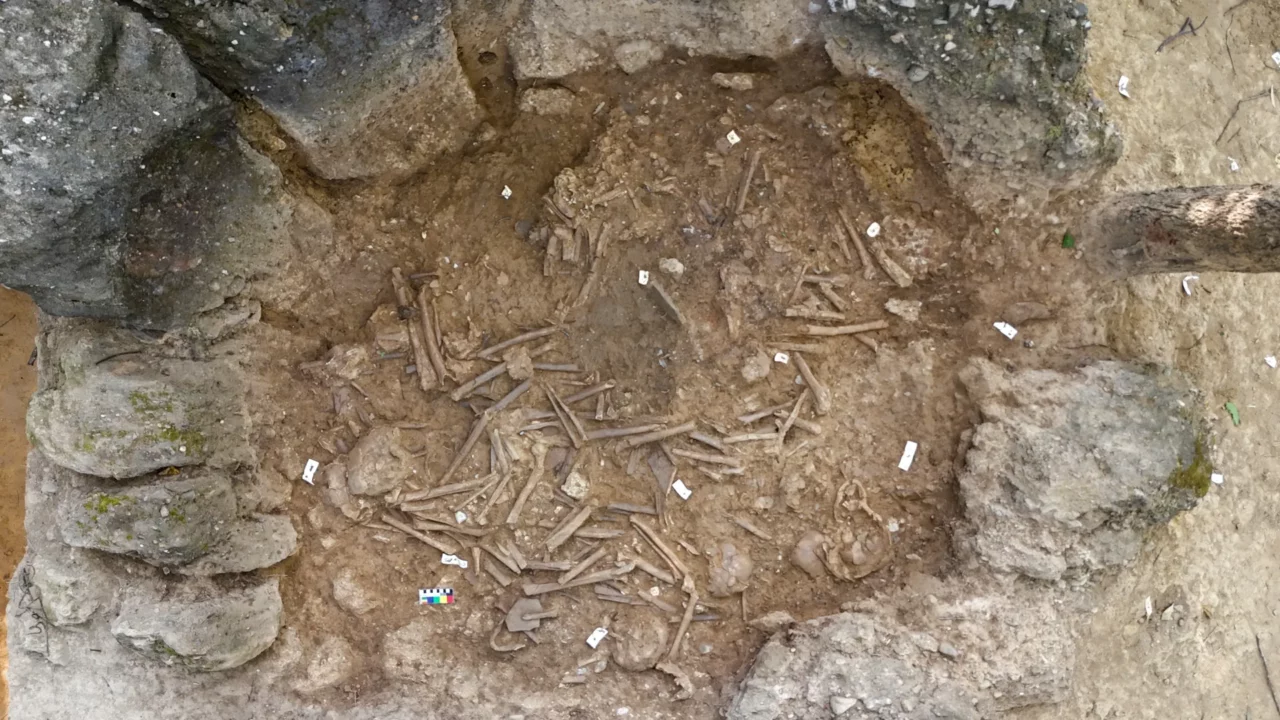 Luftfoto af et arkæologisk udgravningssted, der viser menneskeknogler spredt i en cirkulær grube omgivet af sten, med markerede markører og en farveskala til reference.