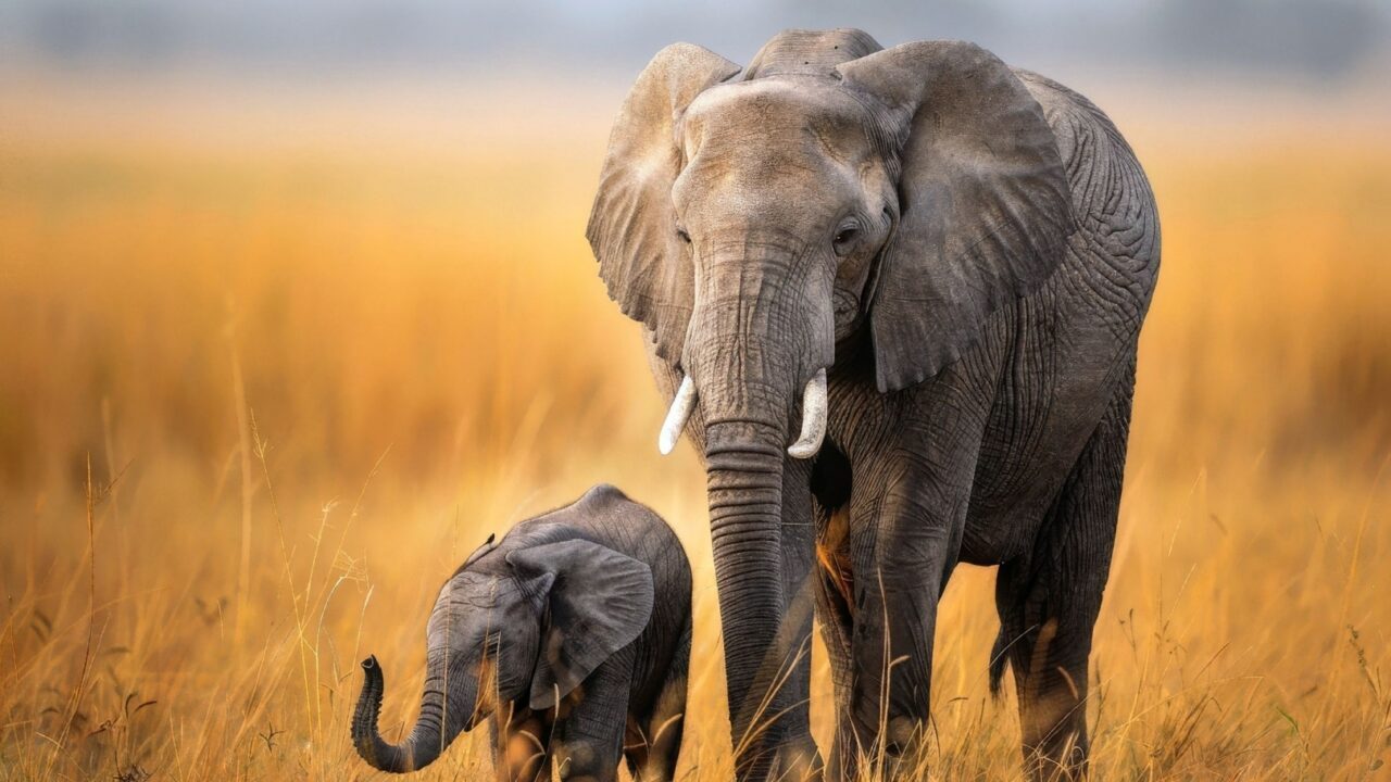 En voksen elefant og en elefantunge går side om side gennem højt, gyldent græs i et savannelandskab med en blød, sløret baggrund.