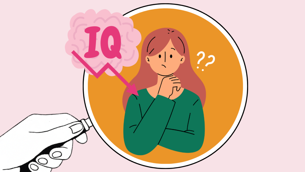 Illustration af en forvirret kvinde med spørgsmålstegn ved siden af hovedet, en lyserød IQ-sky med en pil nedad, der peger på hende, og en hånd, der holder en tusch, der tegner en cirkel omkring hende.