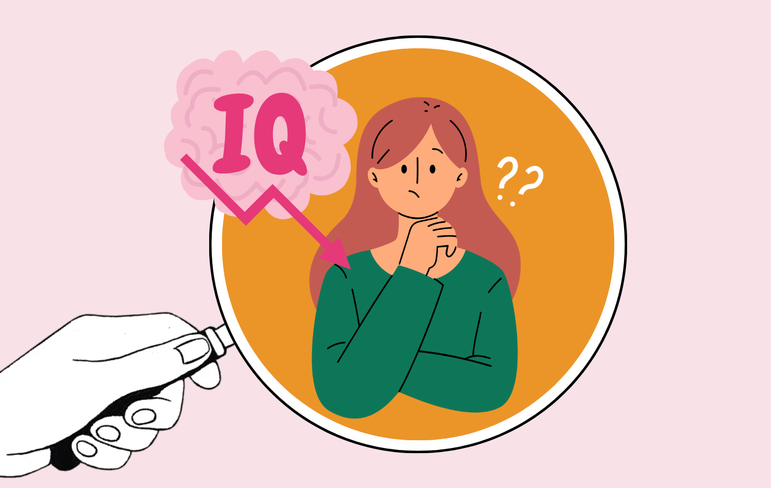 Illustration af en forvirret kvinde med spørgsmålstegn ved siden af hovedet, en lyserød IQ-sky med en pil nedad, der peger på hende, og en hånd, der holder en tusch, der tegner en cirkel omkring hende.