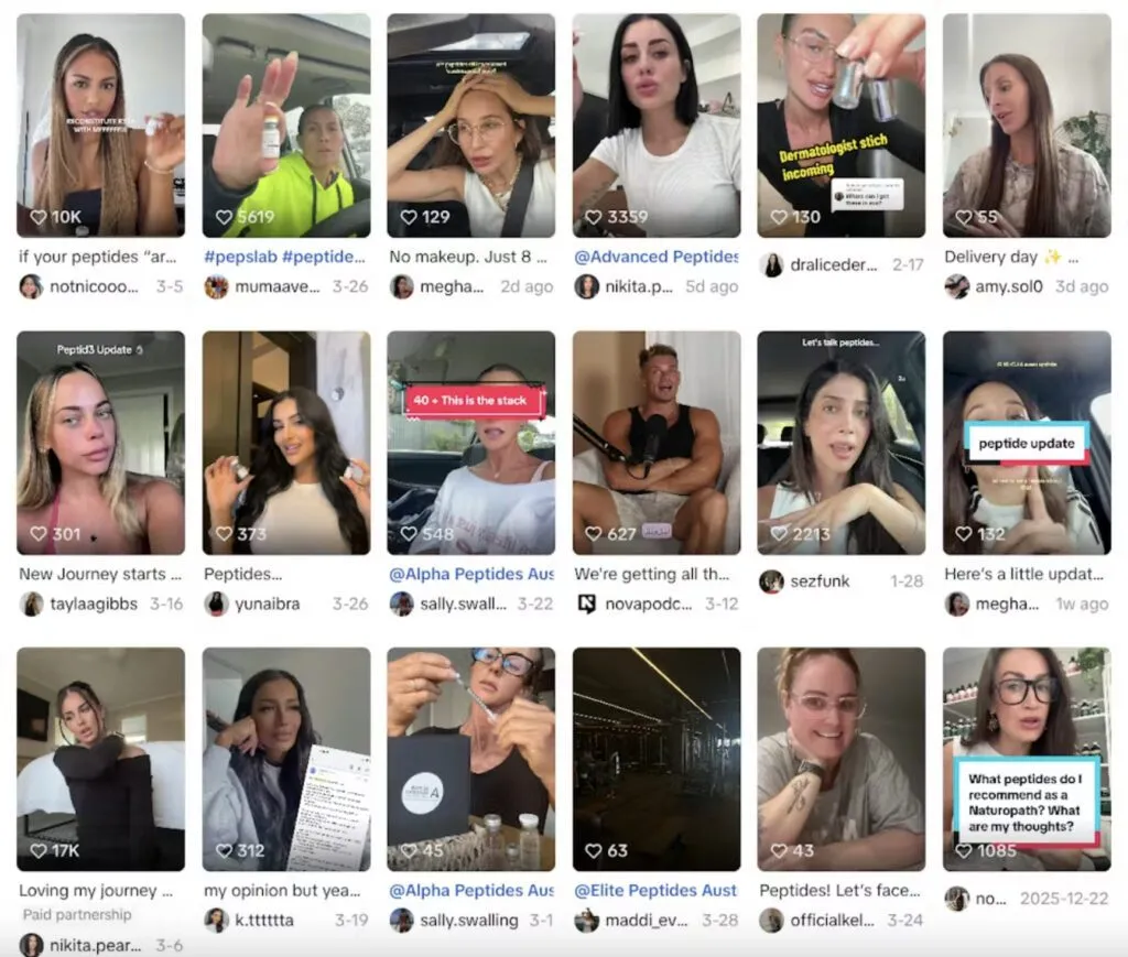 Et gitter med 16 TikTok-videominiaturer viser forskellige kvinder, der diskuterer peptider, hudpleje og skønhedsrutiner, med engagementsikoner, billedtekster og hashtags synlige på hver miniature.
