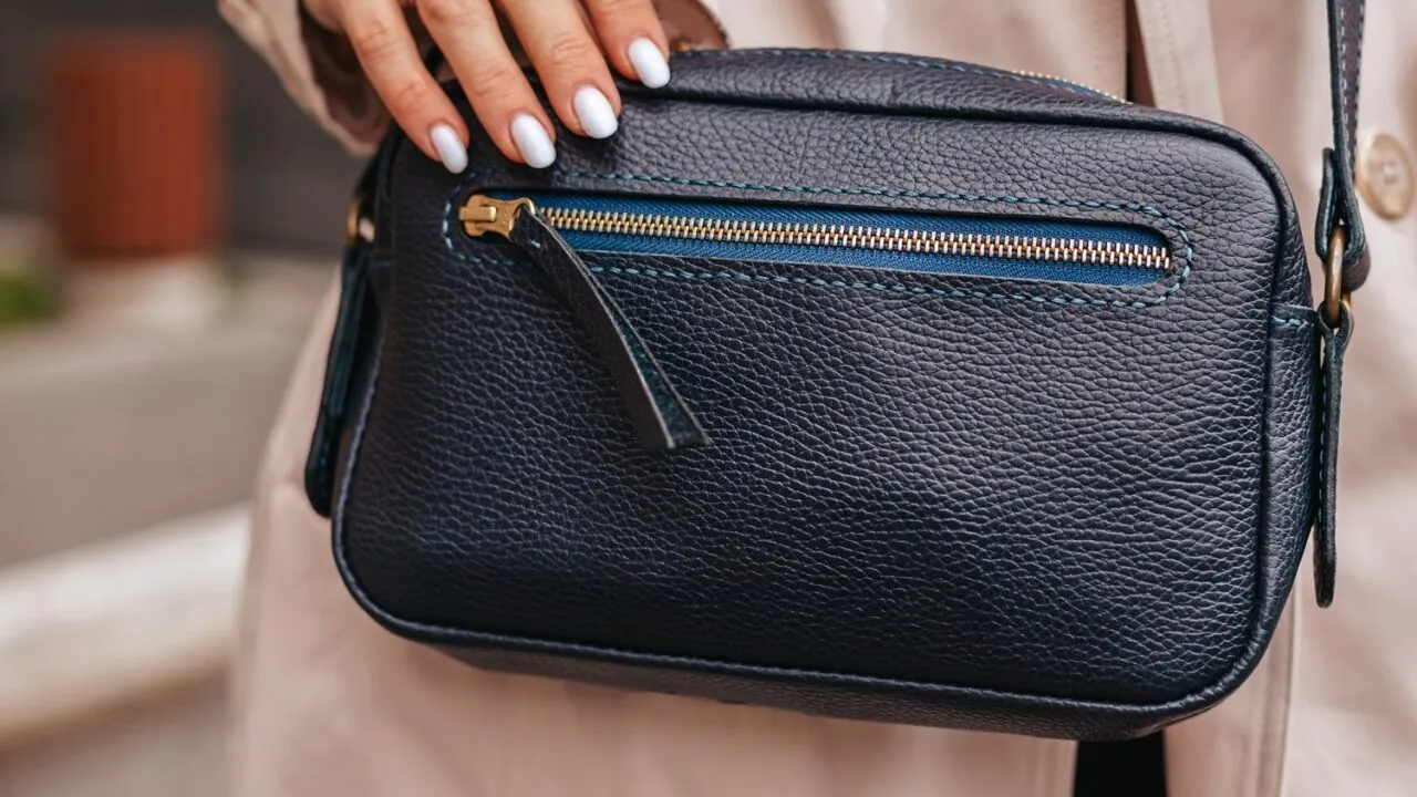 En person med hvidlakerede negle og en guldring holder en crossbody-taske i sort struktureret læder med en lynlåslomme foran og er iført en beige frakke.