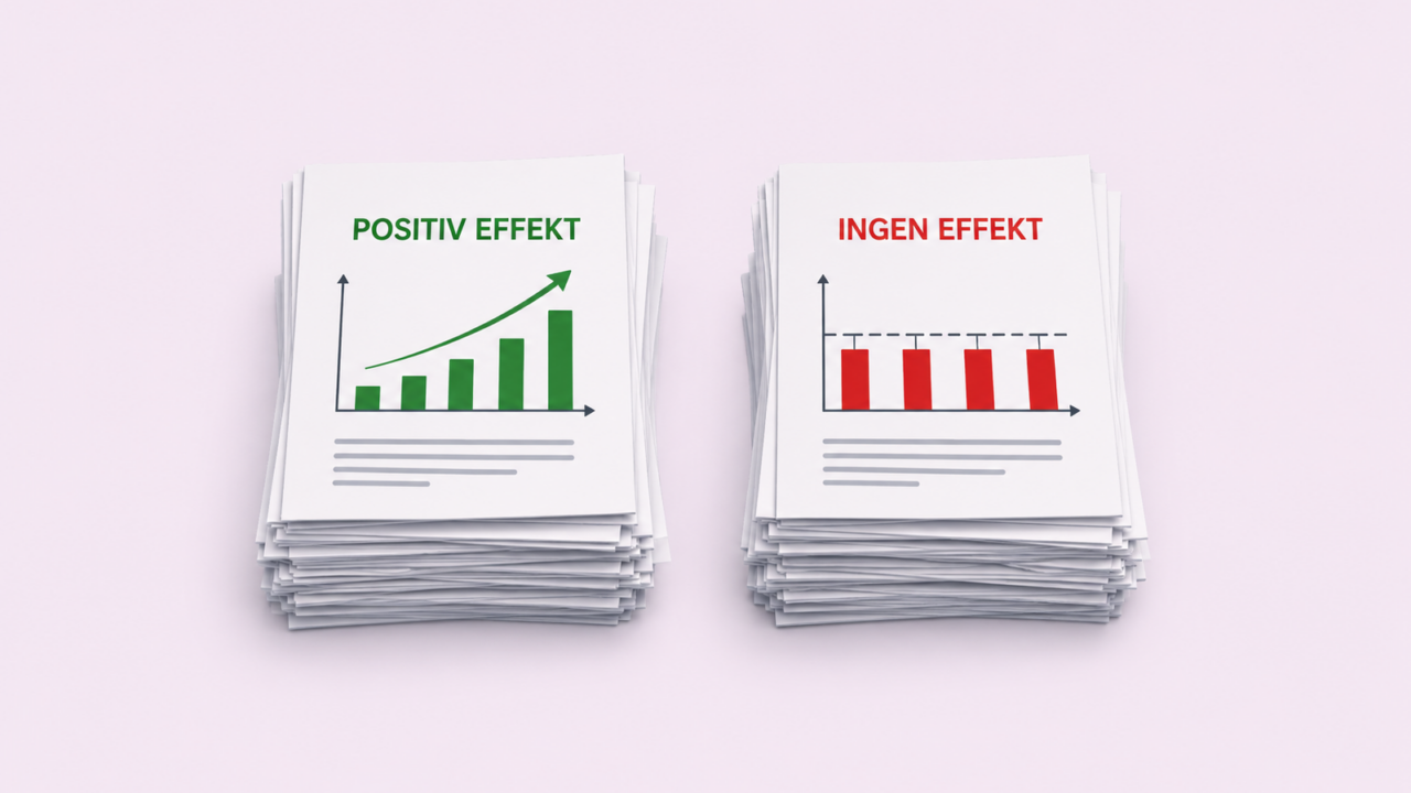 To stakke papirer; den venstre stak viser en grøn opadgående graf med betegnelsen POSITIV EFFEKT, og den højre stak viser en rød flad/nedadgående graf med betegnelsen INGEN EFFEKT, begge på en lyserød baggrund.