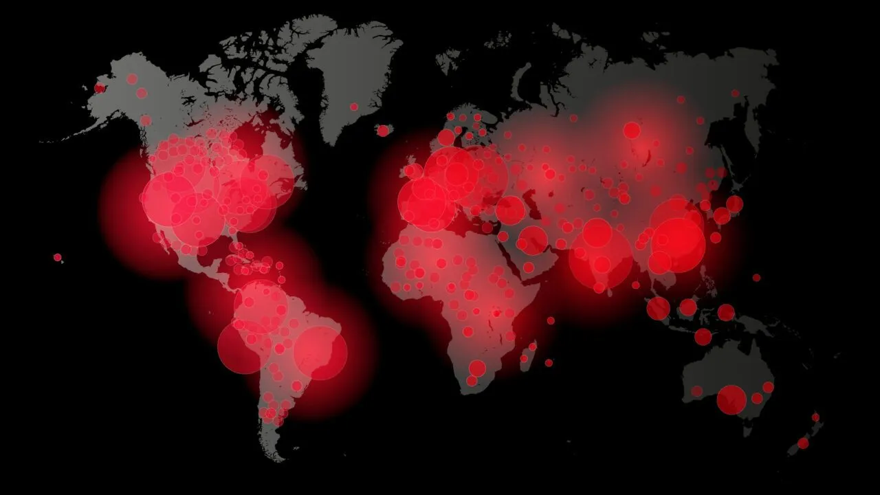 Et mørkt verdenskort med store, lyse røde cirkler spredt ud over kontinenterne, som fremhæver områder med høj tæthed og muligvis indikerer globale hotspots eller udbrudsområder.