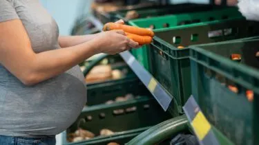 En gravid person i grå skjorte vælger gulerødder fra en grøn kasse i supermarkedets frugt- og grøntafdeling.