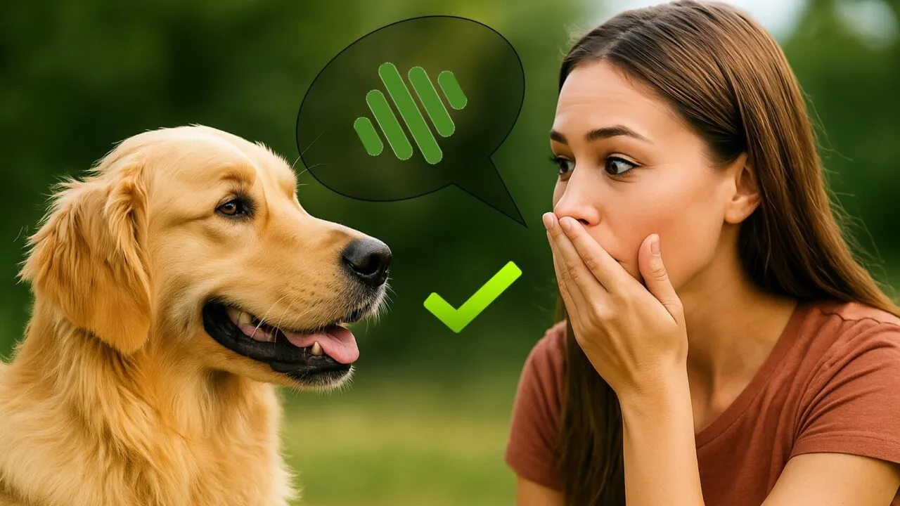 En kvinde holder sig overrasket for munden, mens hun kigger på en golden retriever. En taleboble med et lydikon og et grønt flueben vises mellem dem, hvilket tyder på vellykket kommunikation. Grøn, sløret udendørs baggrund.