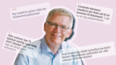 En smilende ældre mand med briller er i centrum, omgivet af danske avisudklip om nye lægemidler, kolesterol og demensbehandlinger på en lyserød baggrund.