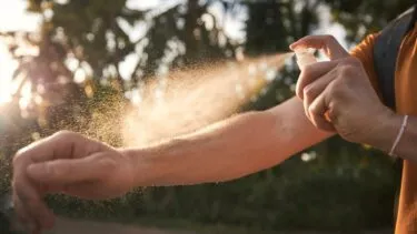 En person sprøjter insektmiddel på sin underarm udendørs med sollys og træer i baggrunden. Den fine tåge er synlig i luften, mens den påføres.