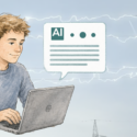 En ung person bruger en bærbar computer udendørs med elledninger i baggrunden. Over billedet vises en taleboble med et AI-ikon og tekst, der antyder kommunikation eller interaktion med kunstig intelligens.