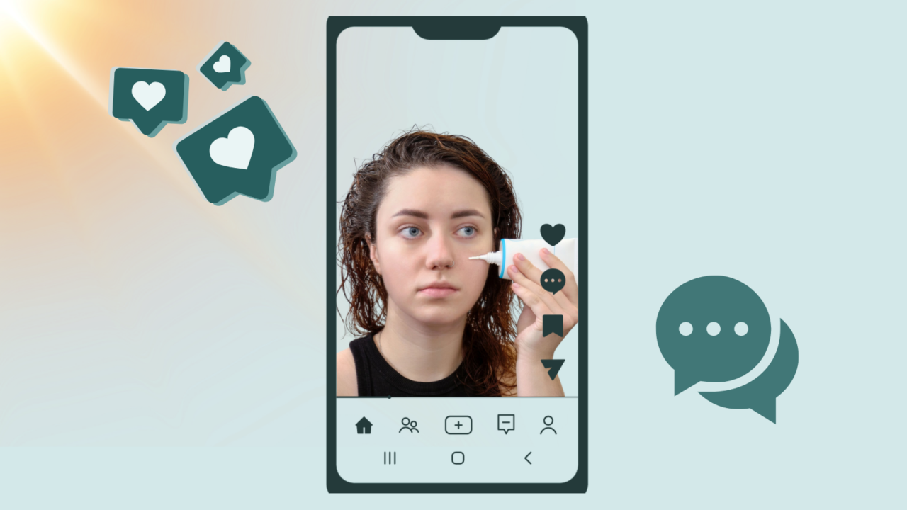 En ung kvinde smører hudplejeprodukter på ansigtet, mens hun kigger på skærmen på sin smartphone, omgivet af ikoner fra sociale medier som hjerter og kommentarer, hvilket tyder på, at hun optager eller livestreamer en skønhedsguide.