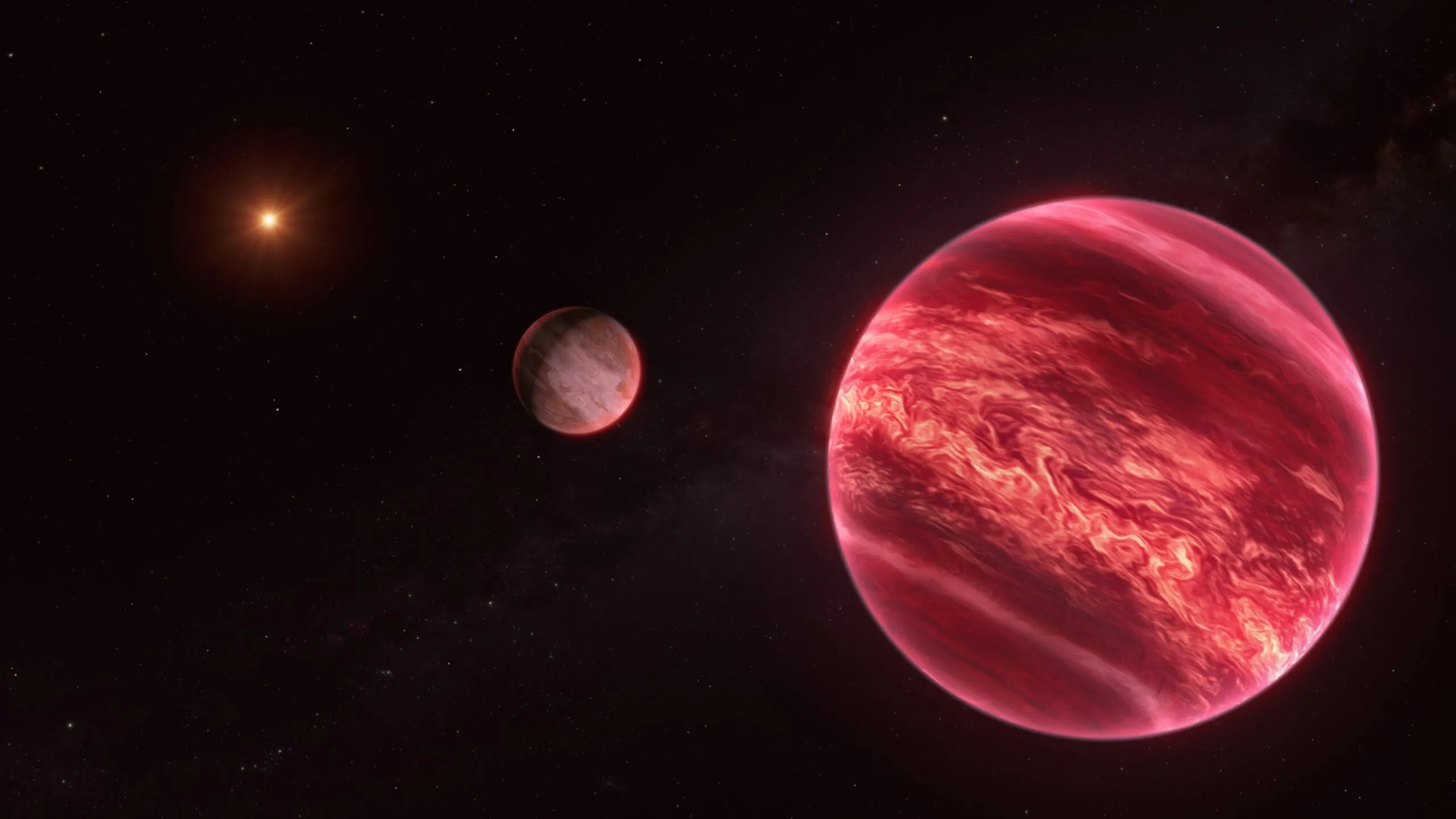 En stor, rød gaskæmpe med hvirvlende skyer svæver i rummet, ledsaget af en mindre, stenet planet. En fjern stjerne lyser i baggrunden mod en stjernehimmel.