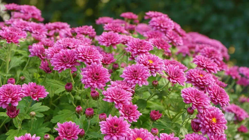 En gruppe af lyserøde krysantemum blomstrer midt i det grønne løv, og nogle knopper har endnu ikke slået ud. Baggrunden er blødt sløret, hvilket fremhæver blomsterne i forgrunden.